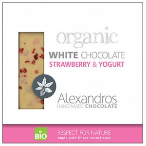 Βιολογική λευκή σοκολάτα με βανίλια Μαδαγασκάρης,γιαούρτι και φράουλα 'Alexandros' 90gr