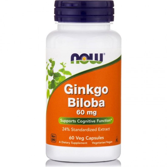 Ginkgo Biloba 60 mg, (24% Extract), w/ Olive Leaf, Now /Βιταμίνες Για την Καλή Λειτουργία του Εγκεφάλου & την Ενίσχυση της Μνήμης Vegan 60caps